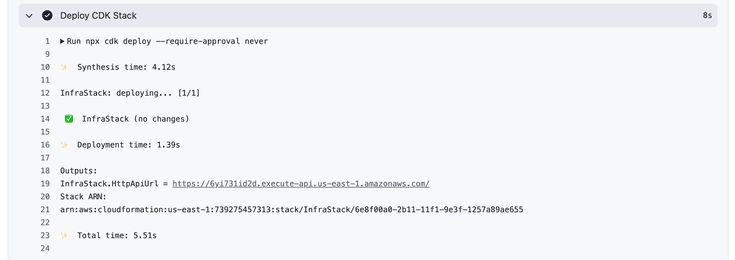 GitHub Actions deploy workflow run showing the HttpApiUrl output