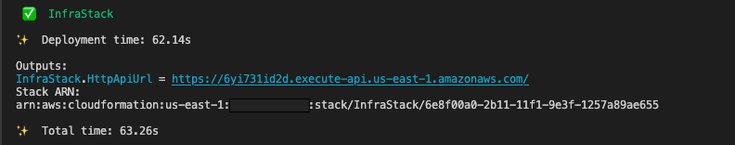 CDK deploy output showing the HttpApiUrl