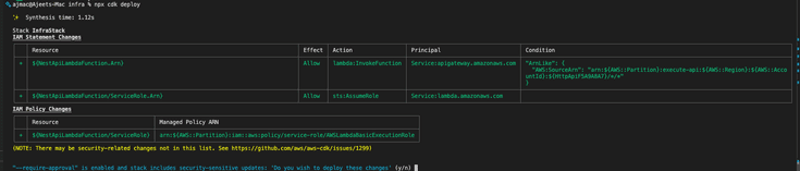 CDK deploy confirmation prompt showing IAM and resource changes